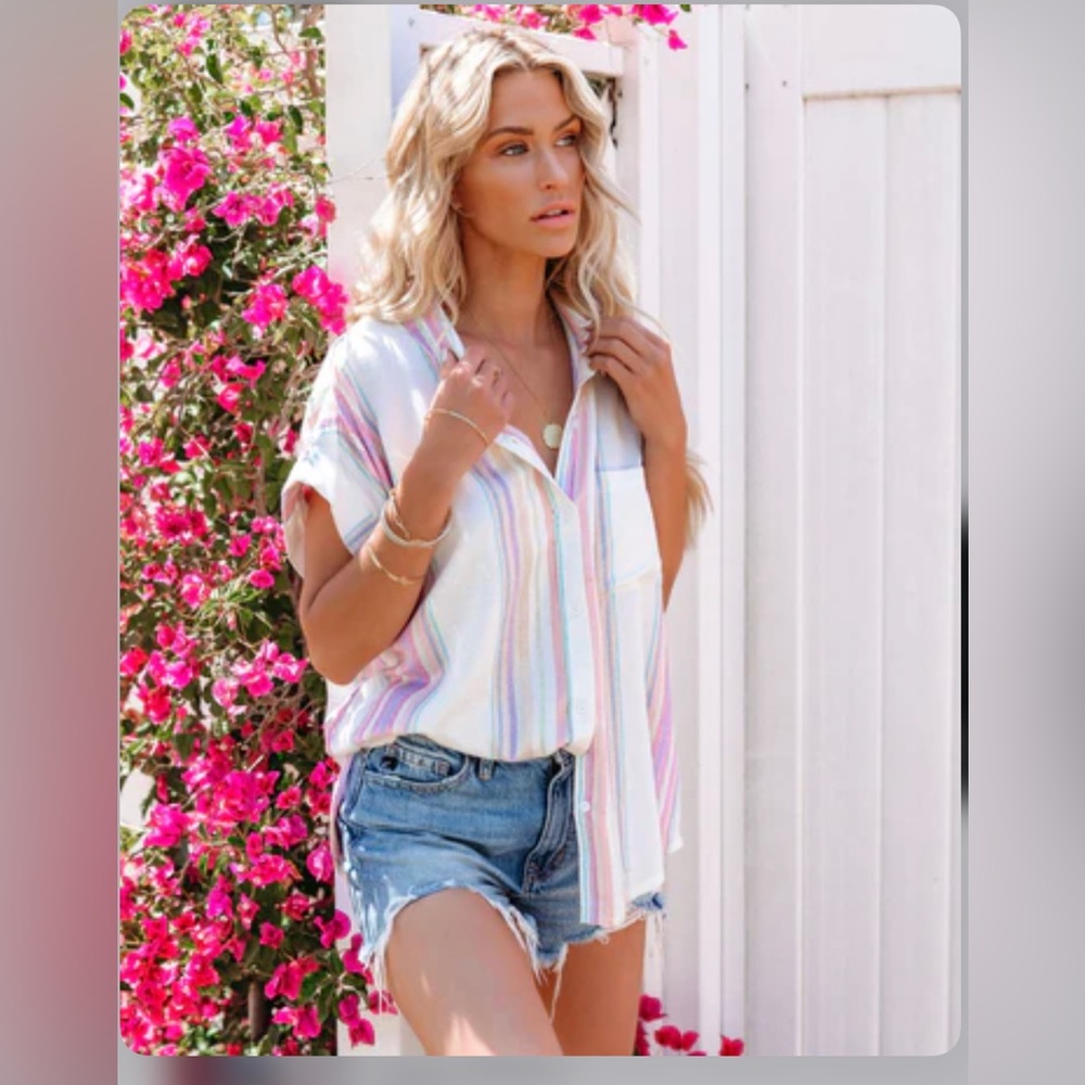Yvonne Striped Shimmer Woven Button Down Top